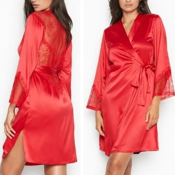 VS VICTORIA’S SECRET Red Satin Chantilly Lace Robe Valentine's Day X-Small Small - Picture 5 of 15